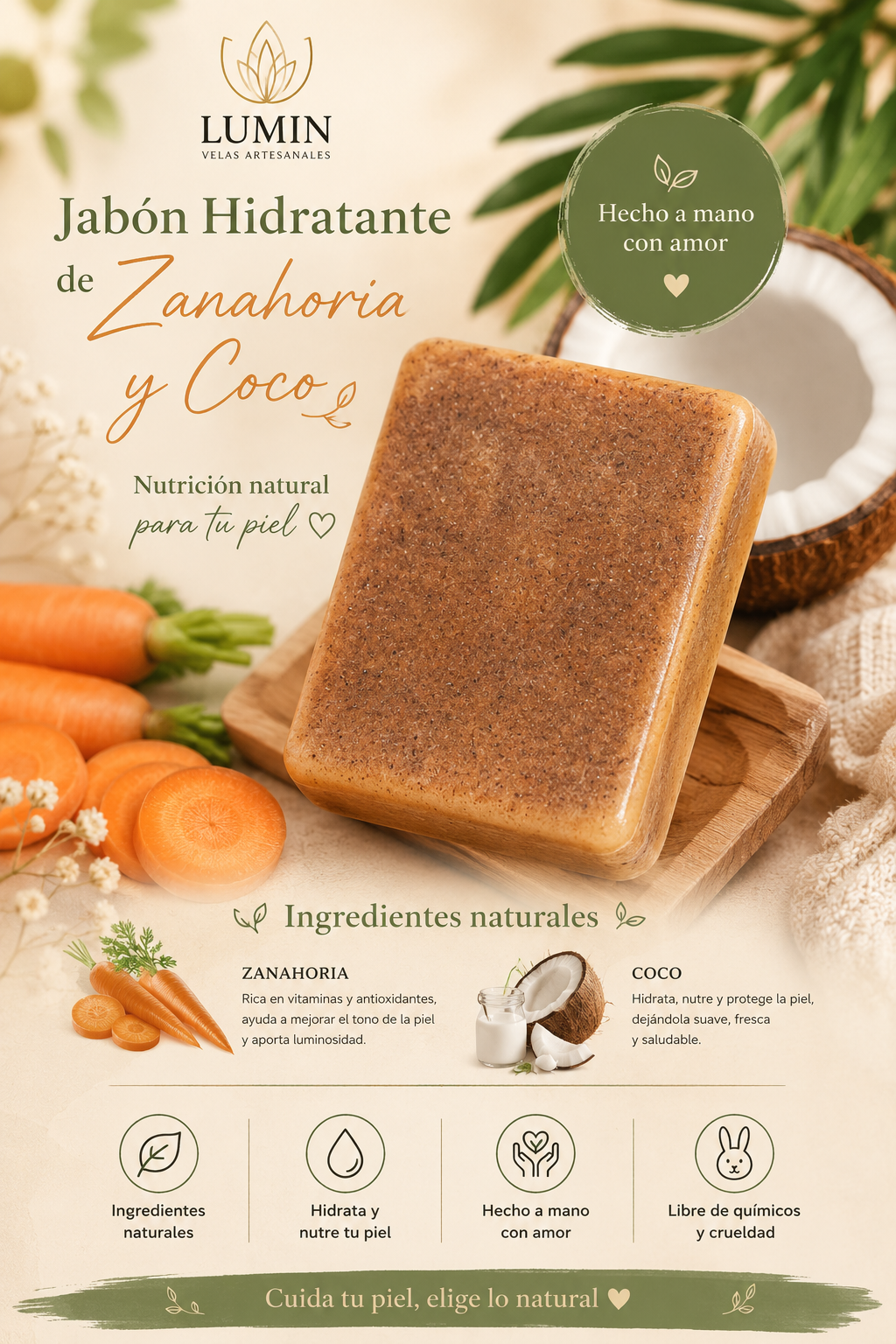 Jabón Hidratante de Zanahoria y Coco